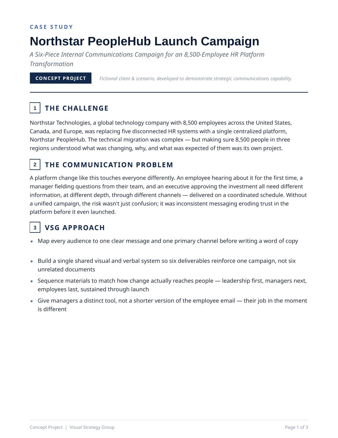 Campaign case study summarizing the challenge, the communication problem, and the VSG approach