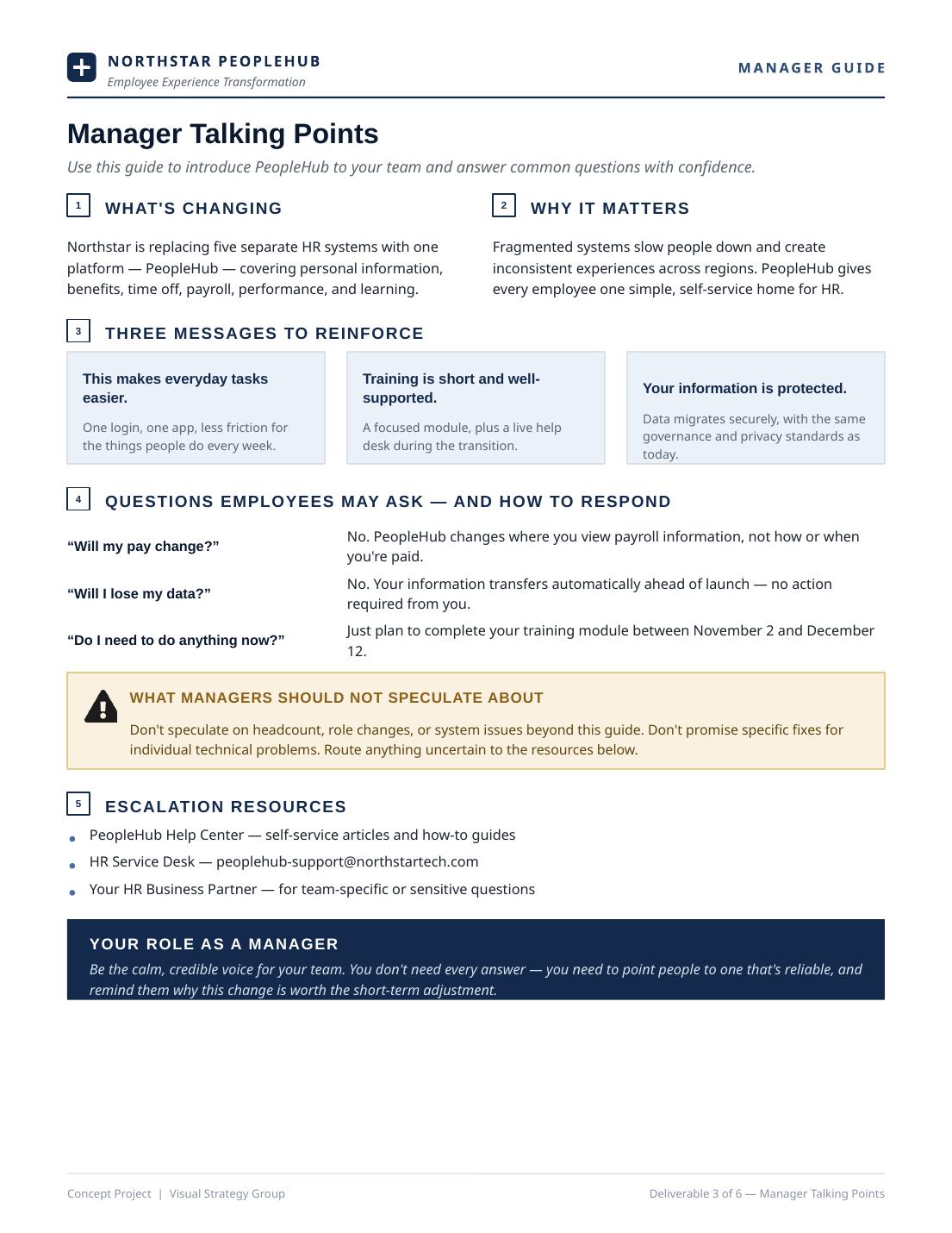 Manager guide with talking points, three core messages, and escalation boundaries