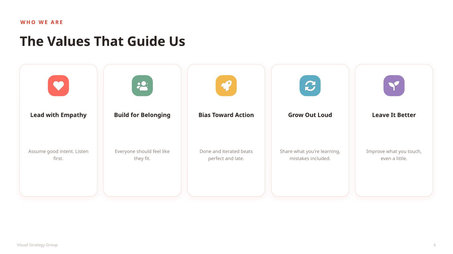 The five values that guide us, one tinted card per value