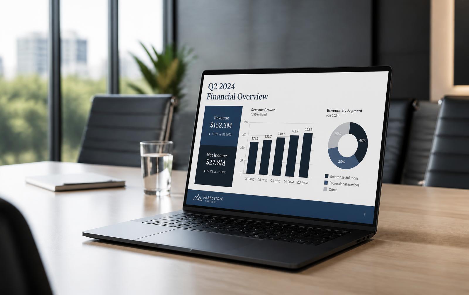 Executive presentation displayed on a laptop in a modern conference room